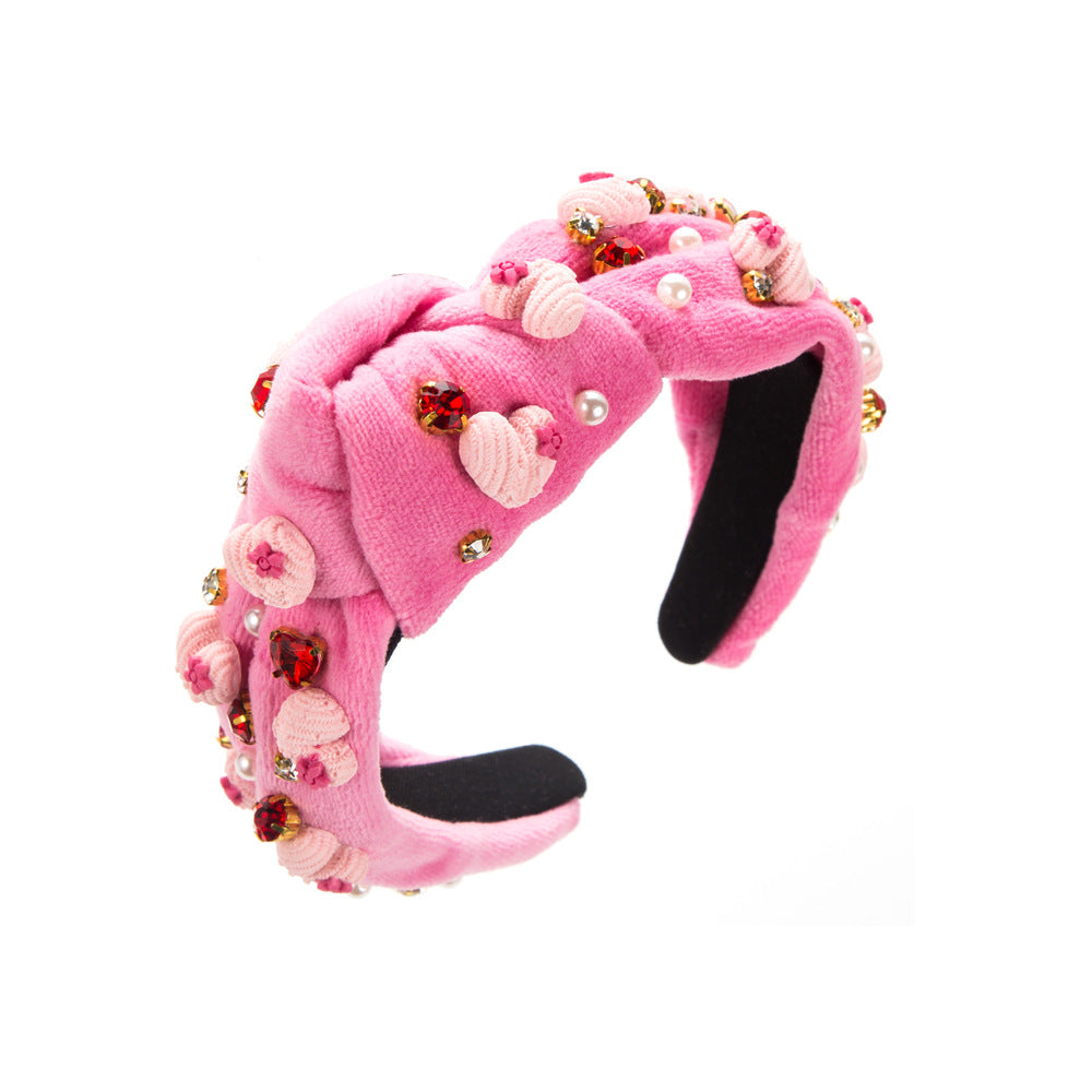 Wholesale Valentine's Day Series Pink Velvet Diamond and Pearl Love Headband